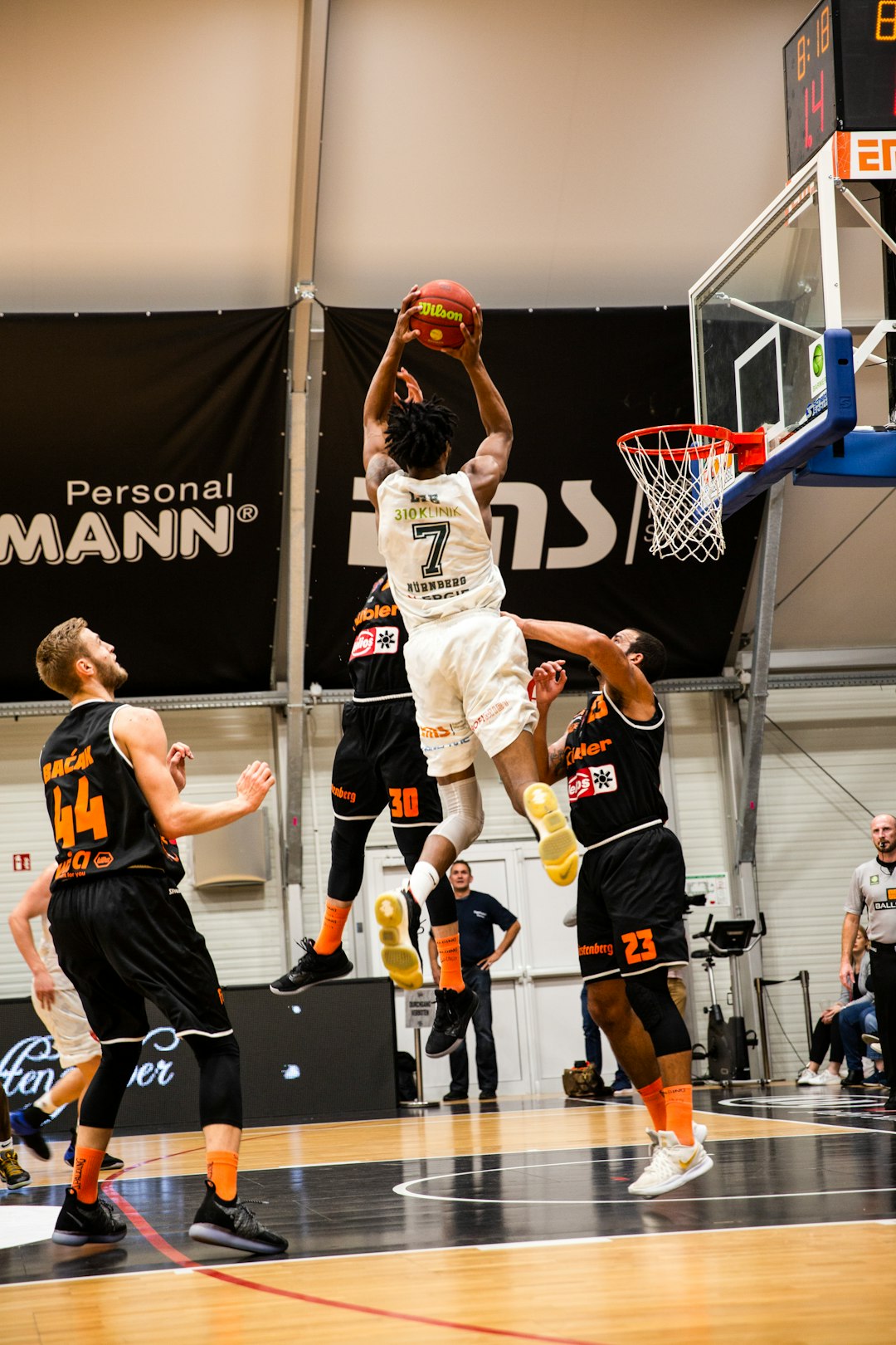 Shot 2-points throw basketball match. Basketball – BARMER 2. Basketball Bundesliga ProA: Nürnberg Falcons (white) vs. wiha Panthers Schwenningen (black)